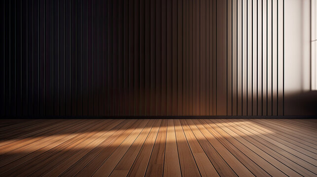 empty room with dark brown wood parquet wall , wooden floor and spotlight, A bright brown wood parquet room with a warm wooden floor and modern interior