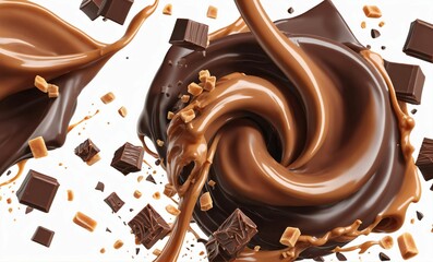 Chocolate and caramel splashes, 3d realistic flavor splash - obrazy, fototapety, plakaty