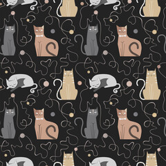 Seamless pattern with cats and balls of thread. Fun vector illustration
