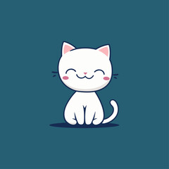 Contented White Cartoon Cat on Dark Blue Background