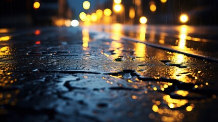 Macro view of urban streets wet with rain at night