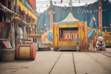 abandoned circus props scattered in eerie setting