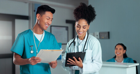 Teamwork, discussion and doctors on tablet and form in hospital for research, advice and...