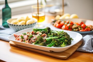 family-style serving platter of orecchiette with broccoli rabe