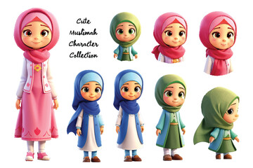 cute woman muslim character illustration collection