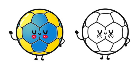 Obraz premium Funny cute happy Handball characters bundle set. Vector hand drawn cartoon kawaii character illustration icon. Cute Handball ball. Outline cartoon illustration for coloring book