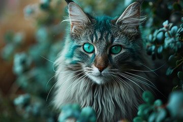 portrait of a cute brown green-eyed long-haired cat, close up