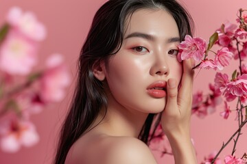 Obraz na płótnie Canvas Korean Beauty Model with Flawless Skin and Spring Blossoms. GenerativeAI