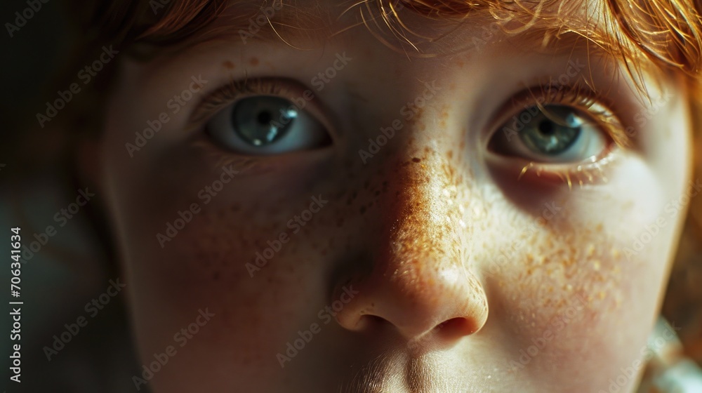 Poster a close-up shot of a child with freckles on their face. perfect for capturing the innocence and beau