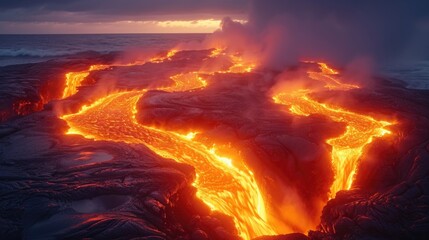 Lava flowing into the ocean from a lava flow.