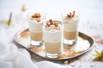 mousse in shot glasses, almond flakes topping
