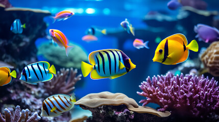 Obraz na płótnie Canvas Tropical sea fishes with corals in aquarium. Colorful wildlife marine panorama.