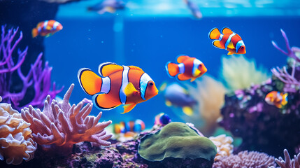 Tropical sea  fishes with corals in aquarium. Colorful wildlife  marine panorama.