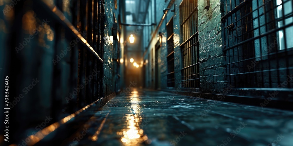 Poster A mysterious and ominous dark alley with a captivating light at the end. Perfect for adding an element of intrigue and suspense to your projects