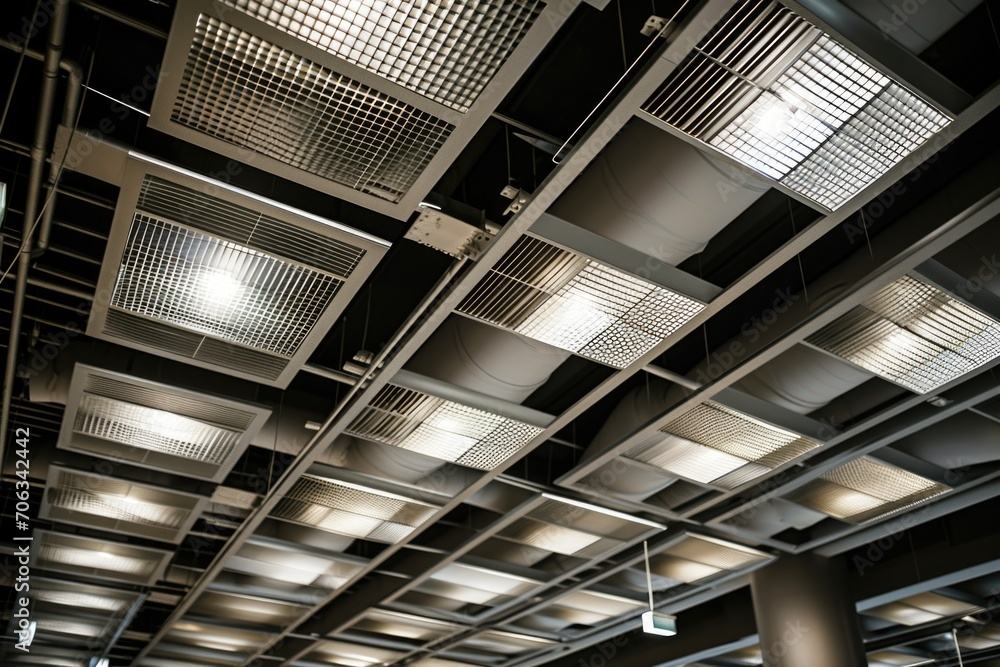 Poster A cluster of lights suspended from the ceiling of a building. Can be used to create a warm and inviting atmosphere in various indoor settings