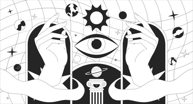 Magic fortune astronomy black and white lofi wallpaper. Esoteric astrology 2D outline cartoon flat illustration. All seeing eye, cosmic planets. Dreamy vibes vector line lo fi aesthetic background