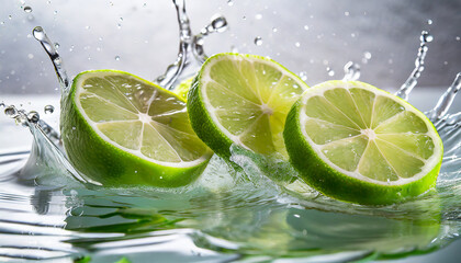 Green lemon slices in water splash, with white background