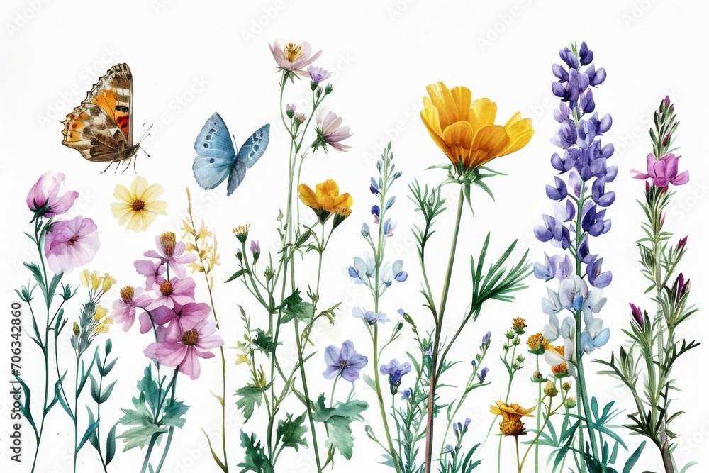 Poster a painting featuring colorful flowers and a butterfly on a clean white background. perfect for addin