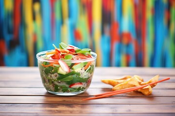 spinach strawberry salad in glass bowl, picnic background - obrazy, fototapety, plakaty