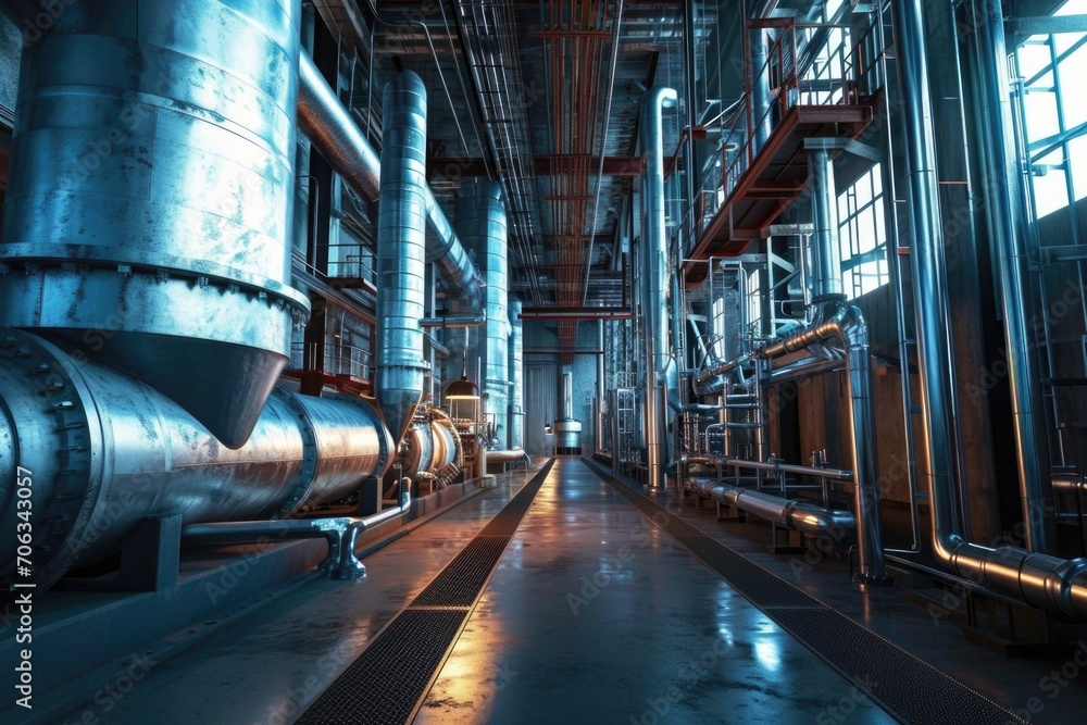 Poster a room filled with pipes, creating an industrial atmosphere. suitable for designs related to constru