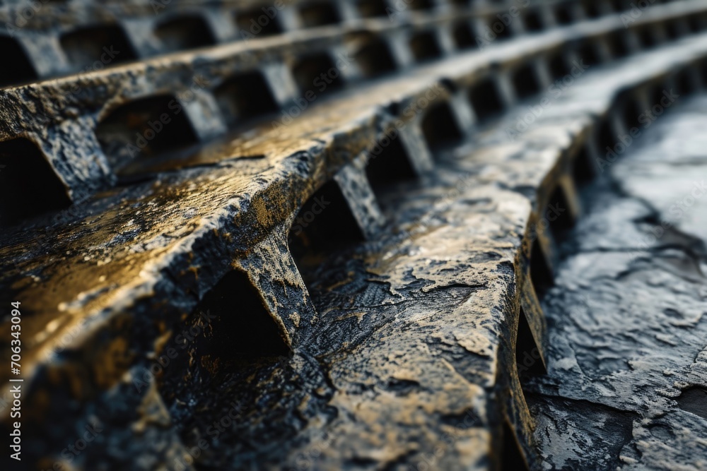 Poster a detailed view of a metal structure with holes. this image can be used to depict industrial design,