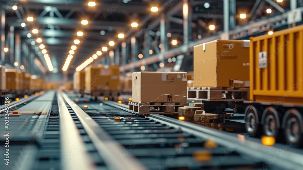 Poster a train track with a bunch of boxes. this versatile image can be used to represent transportation, l