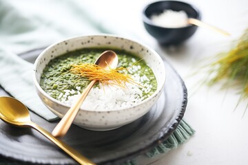 spirulina smoothie bowl with a spoonful taken out for texture