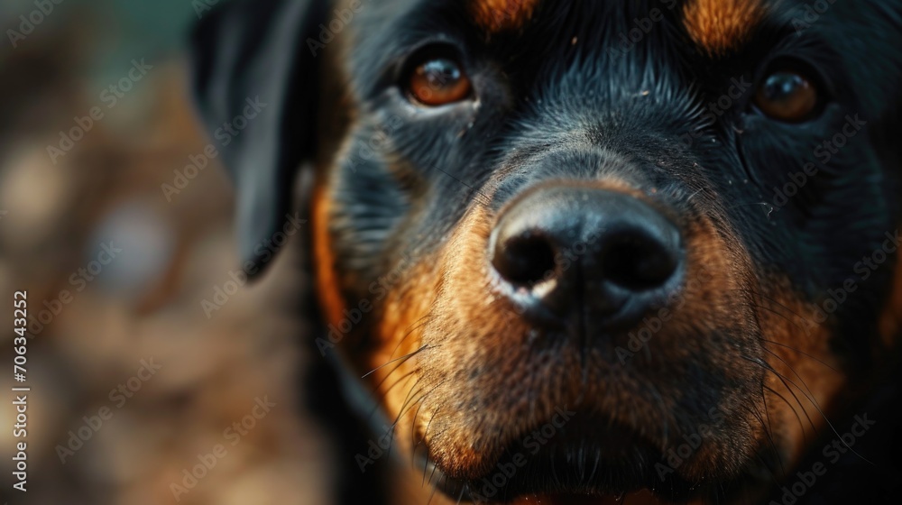 Poster a close-up view of a dog's face with a blurred background. this image can be used to capture the emo