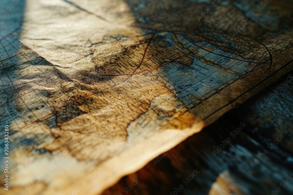 Poster a close-up view of a map placed on a table. ideal for travel-related websites, geography articles, o
