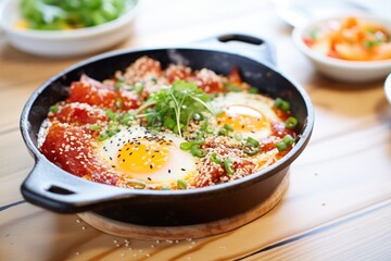 shakshuka in a deep dish, sprinkled with sesame seeds