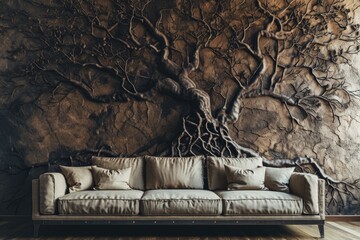 A picture of a couch sitting in front of a wall with a tree design. This image can be used to depict a cozy living room or as an interior design element