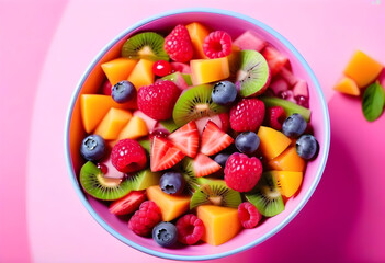 Bowl of healthy fresh fruit salad on pink background, top view