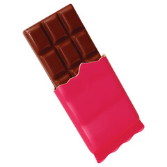 3d Chocolate Bar in Opened Red Wrapped Sweet Dessert Food Cartoon Style Isolated on a White Background. Vector illustration
