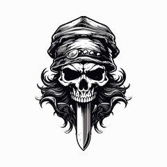 skull head with knife emblem illustration vector graphic for logo badge t shirt design sticker print or any purpose - obrazy, fototapety, plakaty