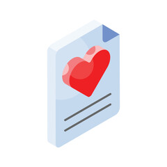 Heart symbol on page depicting flat concept icon of love letter, romantic communication
