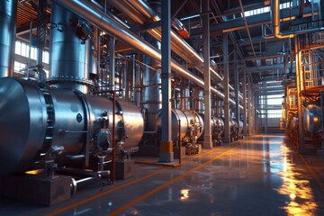 An image of a large industrial building with various pipes. This picture can be used to depict industrial processes or the manufacturing sector