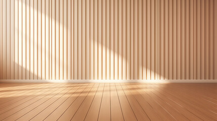empty room with beige wall , wooden floor and spotlight, beige corrugated wall background with shadow sunlight. A bright beige room with a warm wooden floor and modern vertical blinds.