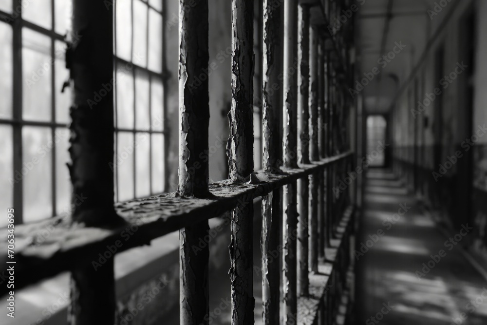 Poster a black and white photo of a jail cell. suitable for crime-related articles or website content
