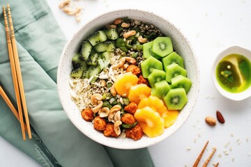 overhead shot of spirulina bowl topped with kiwi and granola