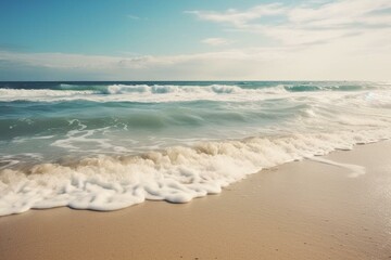 Fototapeta na wymiar Scenic seashore with a sandy beach and tranquil blue ocean wave. Generative AI