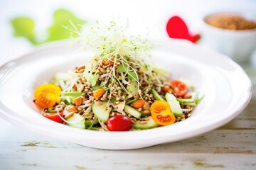 sprouted seeds salad with cherry tomatoes and cucumber