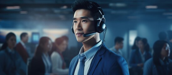 Asian male telemarketer wearing headset in call center.