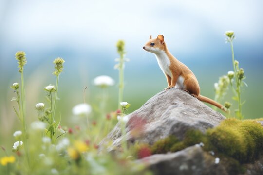 stoat perched on a rock surveying the sprawling meadow
