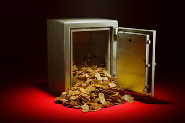 Extravagant Open Steel Safe Brimming With Gleaming Gold Coins