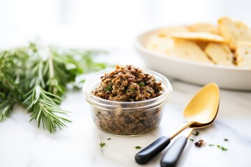 freshly made tapenade on marble countertop with spatula