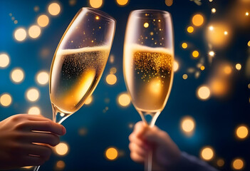 Champagne Toast Celebration - Happy New Year With Golden Glitter On Blue