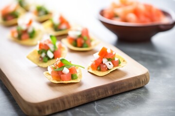mini tacos with fresh salsa on a slate serving plate, appetizer style