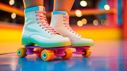 Close up of feet wearing colorful 80's roller skates