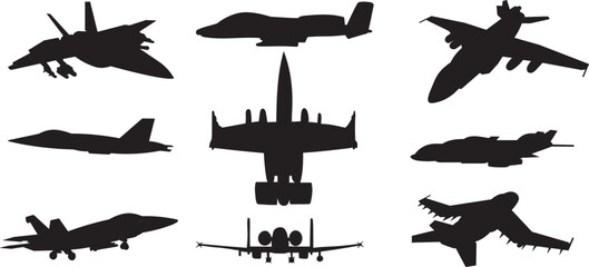 airplanes set silhouette on white background, vector