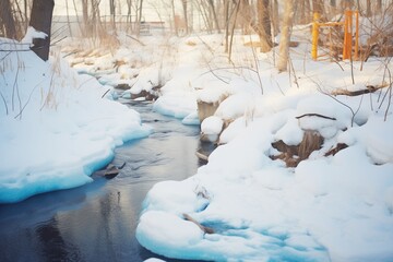 a frozen stream with snow banks